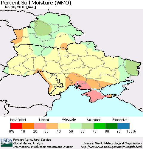 Ukraine, Moldova and Belarus Percent Soil Moisture (WMO) Thematic Map For 6/4/2018 - 6/10/2018