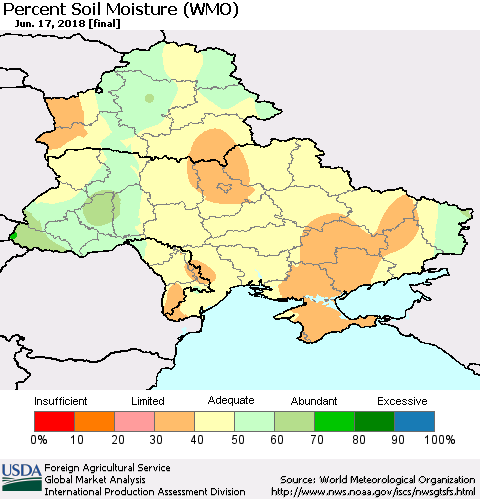 Ukraine, Moldova and Belarus Percent Soil Moisture (WMO) Thematic Map For 6/11/2018 - 6/17/2018