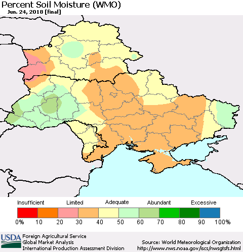 Ukraine, Moldova and Belarus Percent Soil Moisture (WMO) Thematic Map For 6/18/2018 - 6/24/2018
