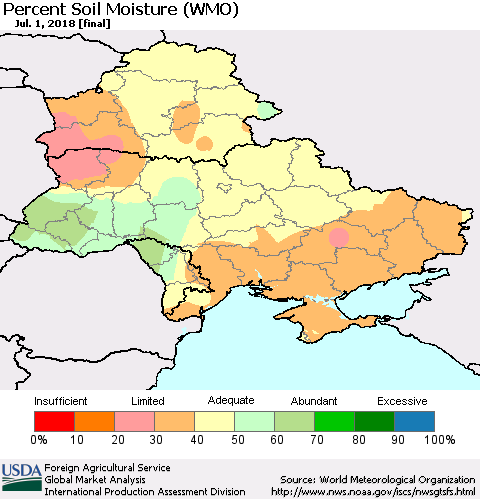 Ukraine, Moldova and Belarus Percent Soil Moisture (WMO) Thematic Map For 6/25/2018 - 7/1/2018