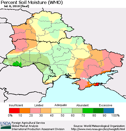 Ukraine, Moldova and Belarus Percent Soil Moisture (WMO) Thematic Map For 7/2/2018 - 7/8/2018