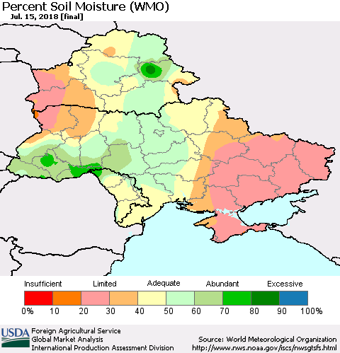 Ukraine, Moldova and Belarus Percent Soil Moisture (WMO) Thematic Map For 7/9/2018 - 7/15/2018
