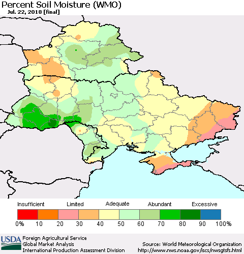 Ukraine, Moldova and Belarus Percent Soil Moisture (WMO) Thematic Map For 7/16/2018 - 7/22/2018