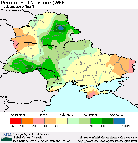 Ukraine, Moldova and Belarus Percent Soil Moisture (WMO) Thematic Map For 7/23/2018 - 7/29/2018