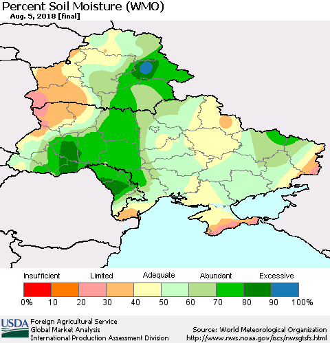 Ukraine, Moldova and Belarus Percent Soil Moisture (WMO) Thematic Map For 7/30/2018 - 8/5/2018