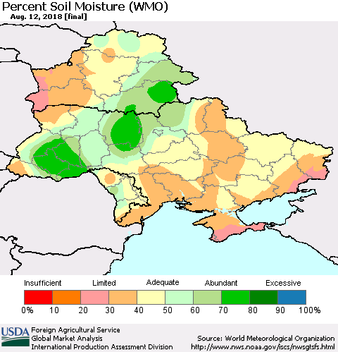 Ukraine, Moldova and Belarus Percent Soil Moisture (WMO) Thematic Map For 8/6/2018 - 8/12/2018