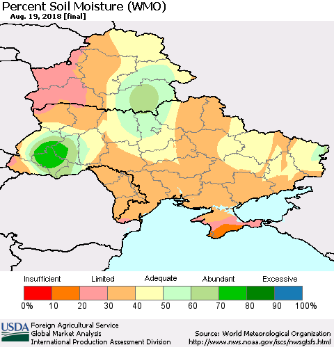 Ukraine, Moldova and Belarus Percent Soil Moisture (WMO) Thematic Map For 8/13/2018 - 8/19/2018