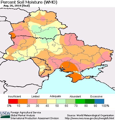 Ukraine, Moldova and Belarus Percent Soil Moisture (WMO) Thematic Map For 8/20/2018 - 8/26/2018