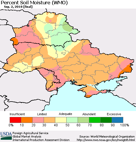 Ukraine, Moldova and Belarus Percent Soil Moisture (WMO) Thematic Map For 8/27/2018 - 9/2/2018