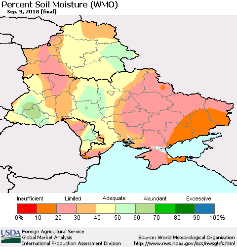 Ukraine, Moldova and Belarus Percent Soil Moisture (WMO) Thematic Map For 9/3/2018 - 9/9/2018