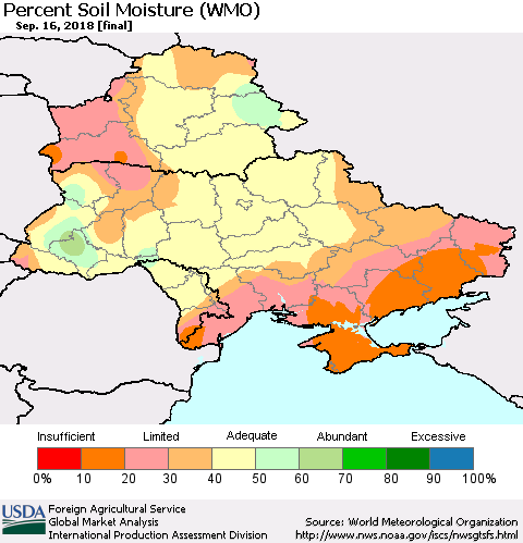 Ukraine, Moldova and Belarus Percent Soil Moisture (WMO) Thematic Map For 9/10/2018 - 9/16/2018