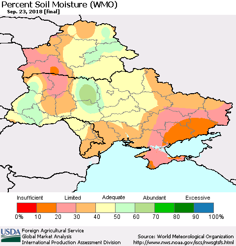 Ukraine, Moldova and Belarus Percent Soil Moisture (WMO) Thematic Map For 9/17/2018 - 9/23/2018