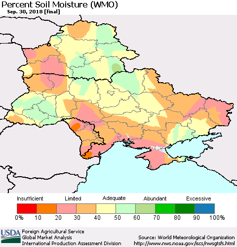 Ukraine, Moldova and Belarus Percent Soil Moisture (WMO) Thematic Map For 9/24/2018 - 9/30/2018