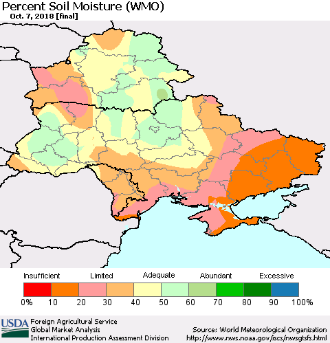 Ukraine, Moldova and Belarus Percent Soil Moisture (WMO) Thematic Map For 10/1/2018 - 10/7/2018