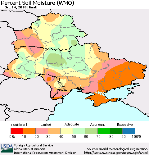 Ukraine, Moldova and Belarus Percent Soil Moisture (WMO) Thematic Map For 10/8/2018 - 10/14/2018