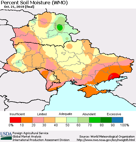 Ukraine, Moldova and Belarus Percent Soil Moisture (WMO) Thematic Map For 10/15/2018 - 10/21/2018