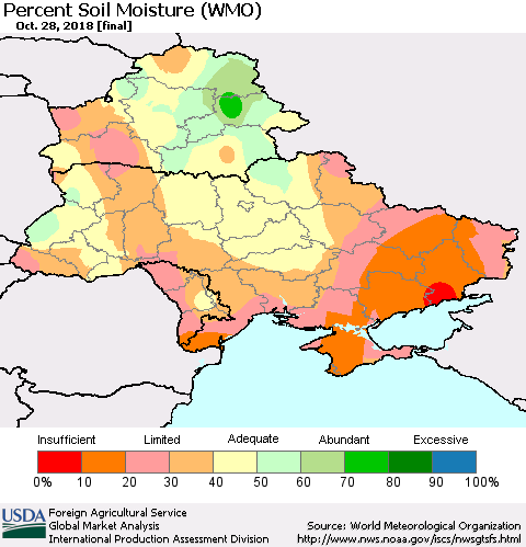 Ukraine, Moldova and Belarus Percent Soil Moisture (WMO) Thematic Map For 10/22/2018 - 10/28/2018