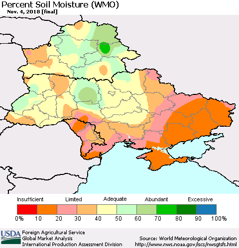 Ukraine, Moldova and Belarus Percent Soil Moisture (WMO) Thematic Map For 10/29/2018 - 11/4/2018
