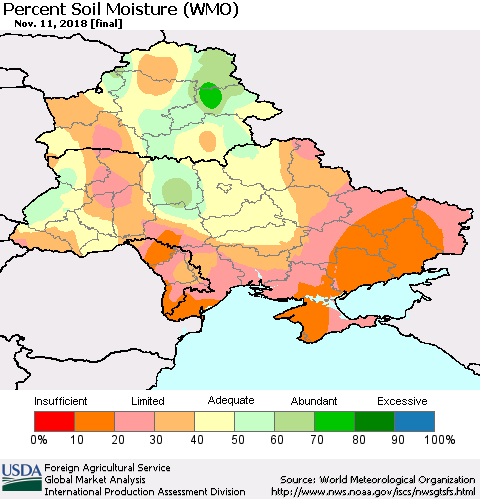 Ukraine, Moldova and Belarus Percent Soil Moisture (WMO) Thematic Map For 11/5/2018 - 11/11/2018