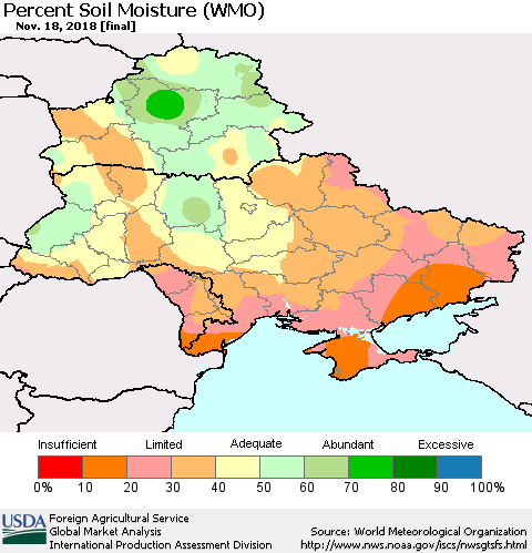 Ukraine, Moldova and Belarus Percent Soil Moisture (WMO) Thematic Map For 11/12/2018 - 11/18/2018
