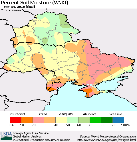 Ukraine, Moldova and Belarus Percent Soil Moisture (WMO) Thematic Map For 11/19/2018 - 11/25/2018