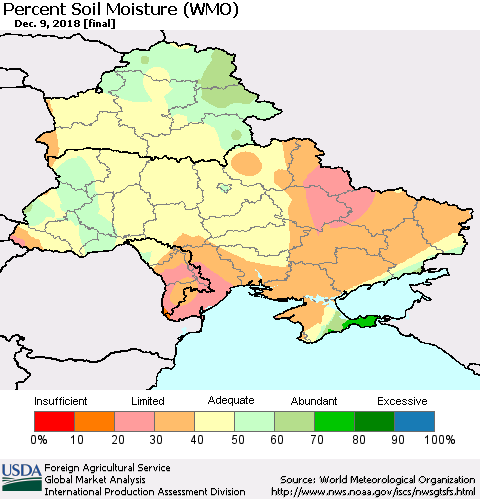Ukraine, Moldova and Belarus Percent Soil Moisture (WMO) Thematic Map For 12/3/2018 - 12/9/2018