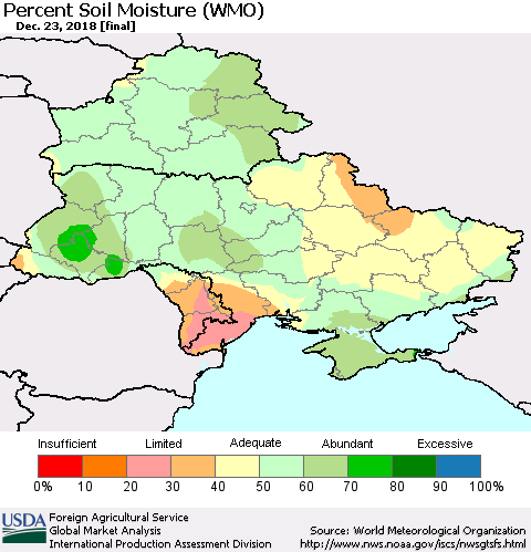 Ukraine, Moldova and Belarus Percent Soil Moisture (WMO) Thematic Map For 12/17/2018 - 12/23/2018