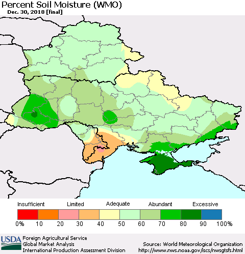 Ukraine, Moldova and Belarus Percent Soil Moisture (WMO) Thematic Map For 12/24/2018 - 12/30/2018