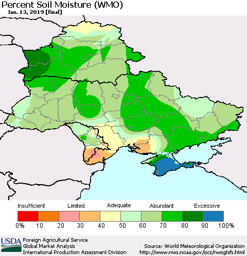 Ukraine, Moldova and Belarus Percent Soil Moisture (WMO) Thematic Map For 1/7/2019 - 1/13/2019