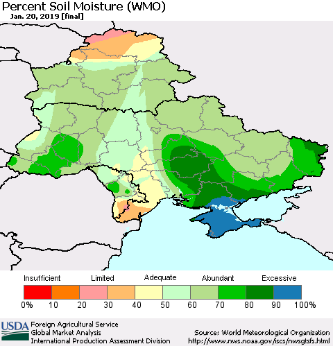 Ukraine, Moldova and Belarus Percent Soil Moisture (WMO) Thematic Map For 1/14/2019 - 1/20/2019