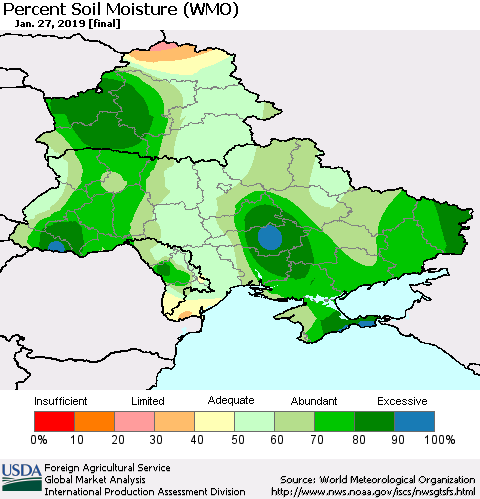 Ukraine, Moldova and Belarus Percent Soil Moisture (WMO) Thematic Map For 1/21/2019 - 1/27/2019