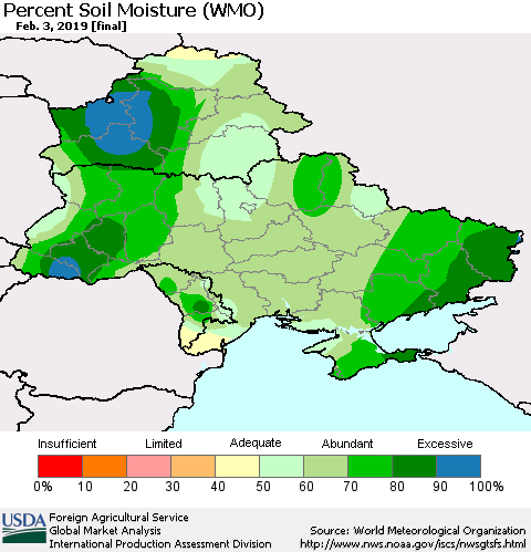 Ukraine, Moldova and Belarus Percent Soil Moisture (WMO) Thematic Map For 1/28/2019 - 2/3/2019