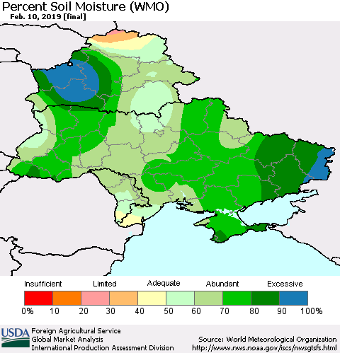 Ukraine, Moldova and Belarus Percent Soil Moisture (WMO) Thematic Map For 2/4/2019 - 2/10/2019
