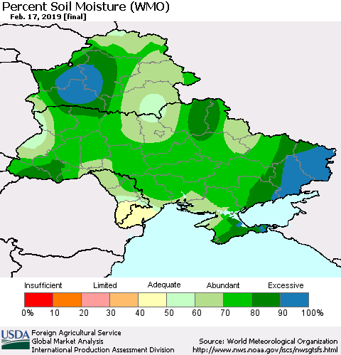 Ukraine, Moldova and Belarus Percent Soil Moisture (WMO) Thematic Map For 2/11/2019 - 2/17/2019