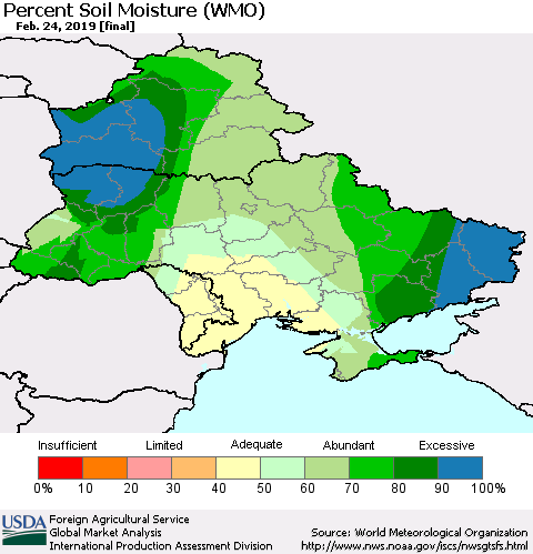 Ukraine, Moldova and Belarus Percent Soil Moisture (WMO) Thematic Map For 2/18/2019 - 2/24/2019