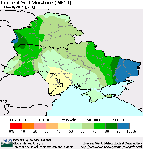Ukraine, Moldova and Belarus Percent Soil Moisture (WMO) Thematic Map For 2/25/2019 - 3/3/2019