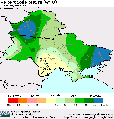 Ukraine, Moldova and Belarus Percent Soil Moisture (WMO) Thematic Map For 3/4/2019 - 3/10/2019