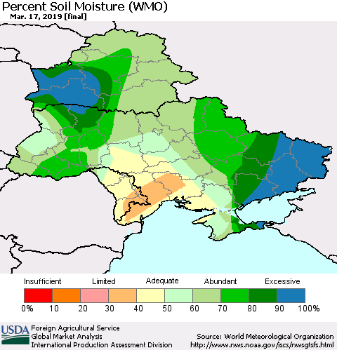Ukraine, Moldova and Belarus Percent Soil Moisture (WMO) Thematic Map For 3/11/2019 - 3/17/2019