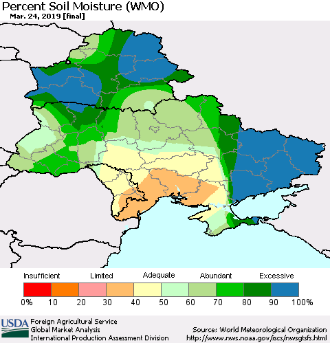 Ukraine, Moldova and Belarus Percent Soil Moisture (WMO) Thematic Map For 3/18/2019 - 3/24/2019