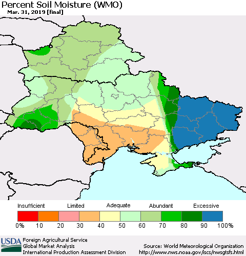 Ukraine, Moldova and Belarus Percent Soil Moisture (WMO) Thematic Map For 3/25/2019 - 3/31/2019