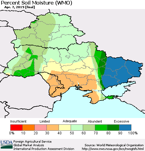 Ukraine, Moldova and Belarus Percent Soil Moisture (WMO) Thematic Map For 4/1/2019 - 4/7/2019