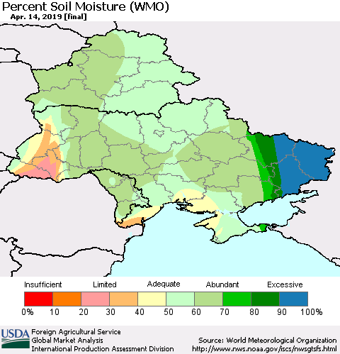 Ukraine, Moldova and Belarus Percent Soil Moisture (WMO) Thematic Map For 4/8/2019 - 4/14/2019