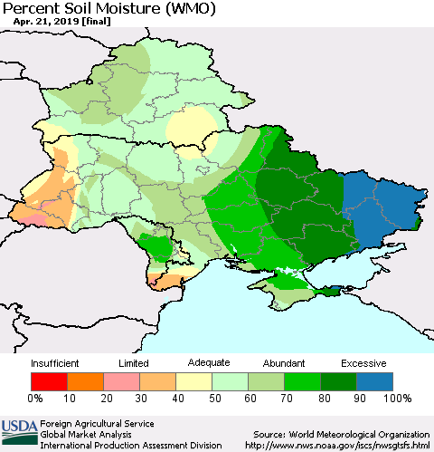 Ukraine, Moldova and Belarus Percent Soil Moisture (WMO) Thematic Map For 4/15/2019 - 4/21/2019