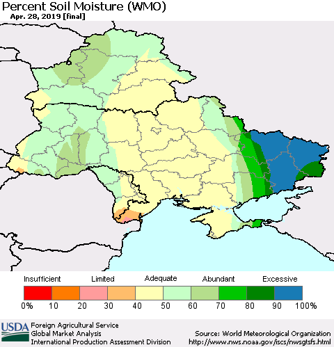 Ukraine, Moldova and Belarus Percent Soil Moisture (WMO) Thematic Map For 4/22/2019 - 4/28/2019