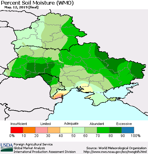 Ukraine, Moldova and Belarus Percent Soil Moisture (WMO) Thematic Map For 5/6/2019 - 5/12/2019