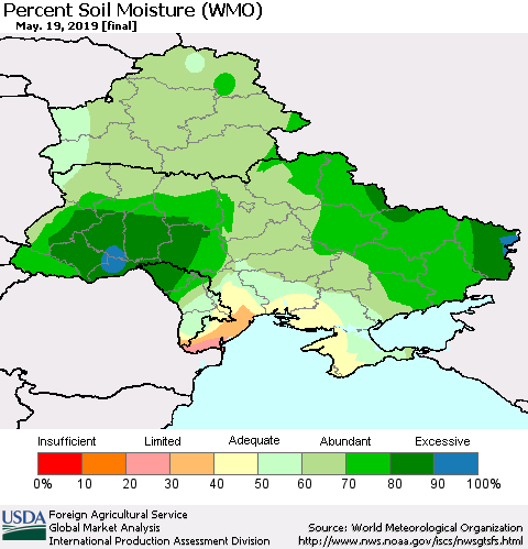 Ukraine, Moldova and Belarus Percent Soil Moisture (WMO) Thematic Map For 5/13/2019 - 5/19/2019