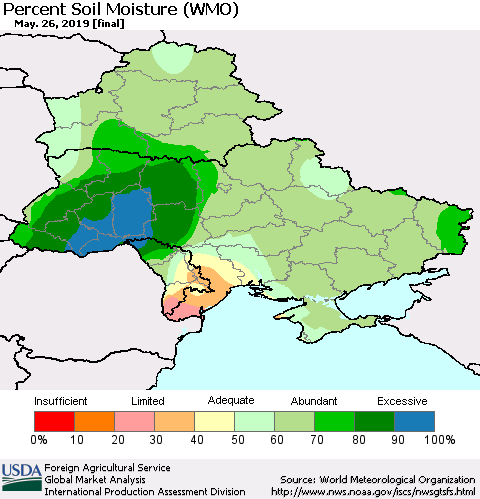 Ukraine, Moldova and Belarus Percent Soil Moisture (WMO) Thematic Map For 5/20/2019 - 5/26/2019