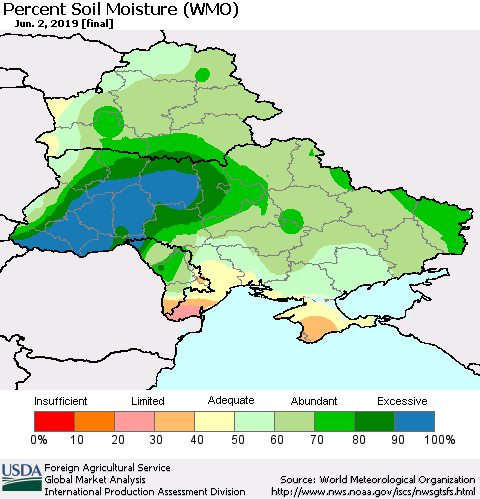 Ukraine, Moldova and Belarus Percent Soil Moisture (WMO) Thematic Map For 5/27/2019 - 6/2/2019