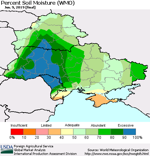 Ukraine, Moldova and Belarus Percent Soil Moisture (WMO) Thematic Map For 6/3/2019 - 6/9/2019