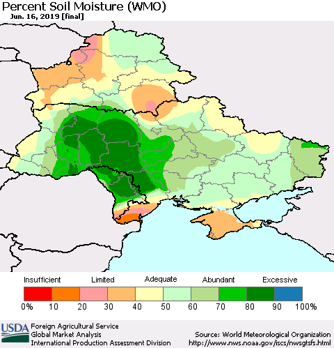 Ukraine, Moldova and Belarus Percent Soil Moisture (WMO) Thematic Map For 6/10/2019 - 6/16/2019